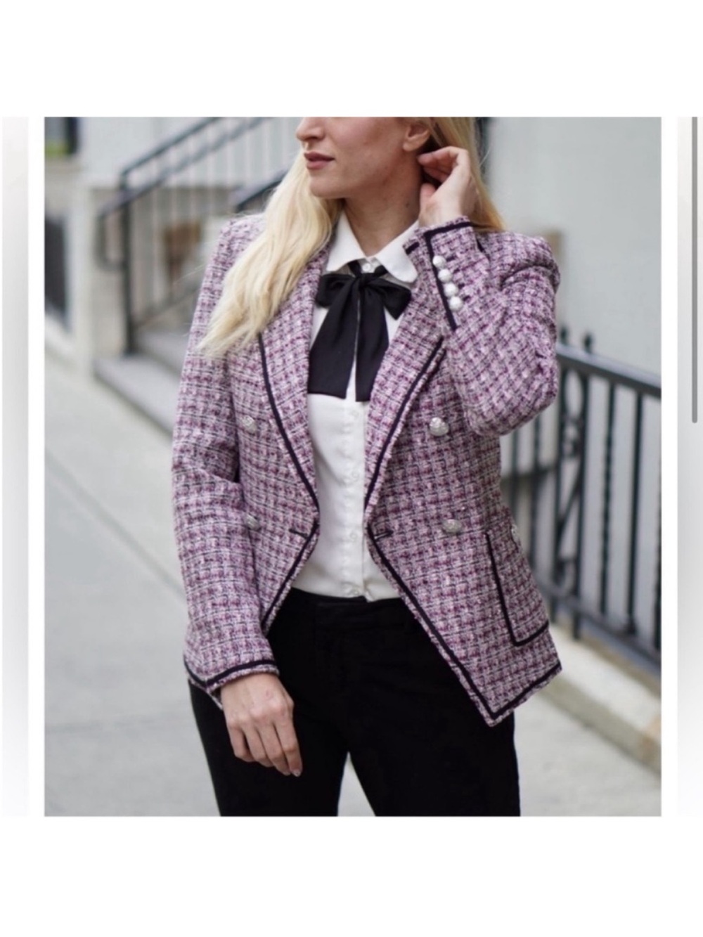 VERONICA BEARD | Theron Tweed Double Breasted Blazer Jacket Pink Black Trim Sz 6 - Picture 2 of 12